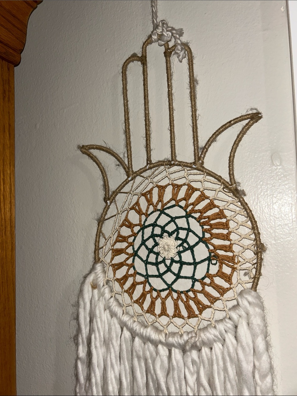 Handcrafted Hamsa Dreamcatcher Wall Decor in Natural, White, Green, and Brown